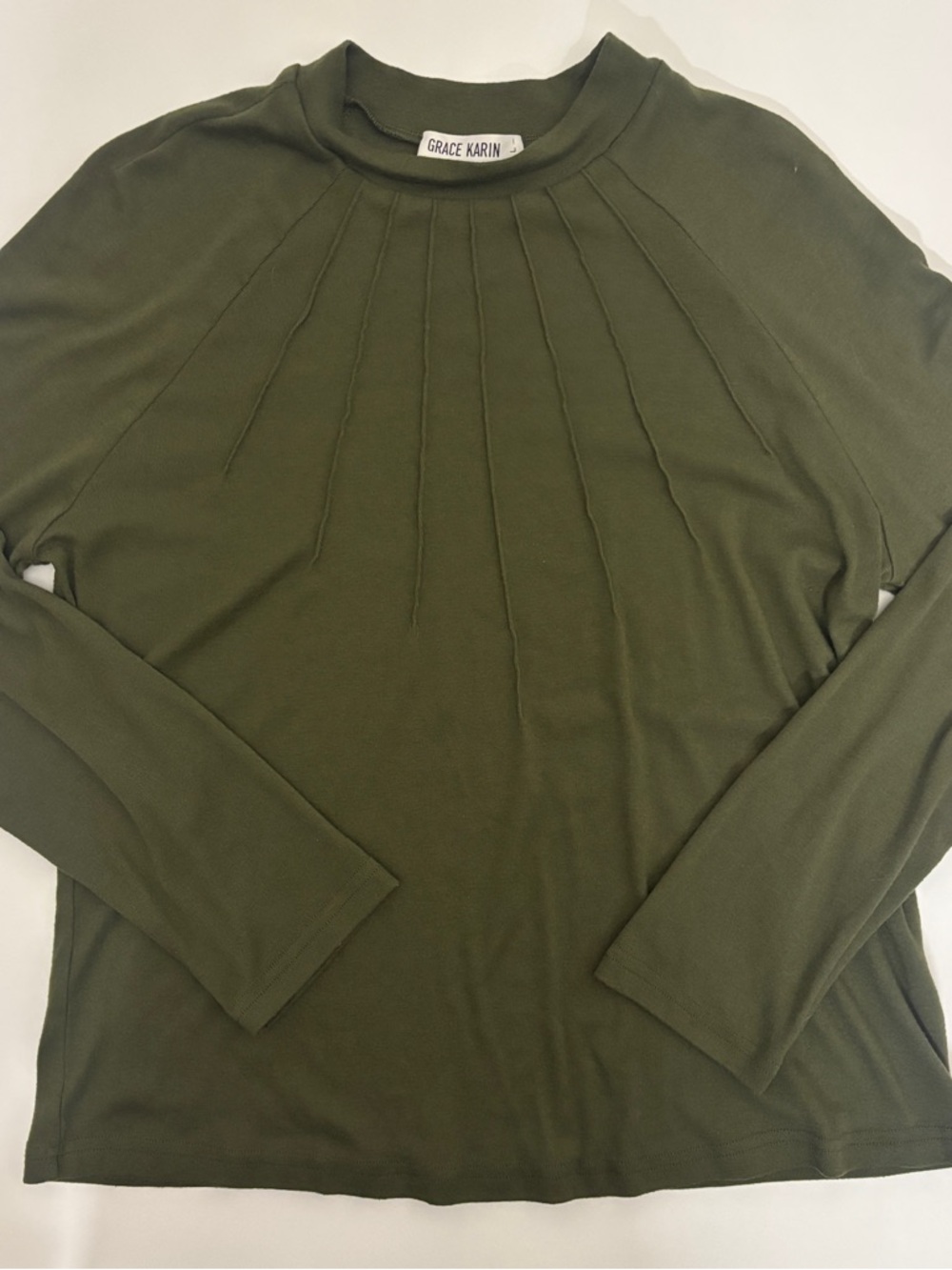 Grace Karin Olive Green Pleated Blouse Large Minimalist Chic Workwear Top